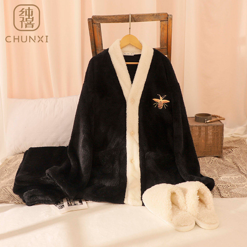 男士睡衣冬季珊瑚绒睡衣2024年新款加厚法兰绒家居服中年爸爸套装