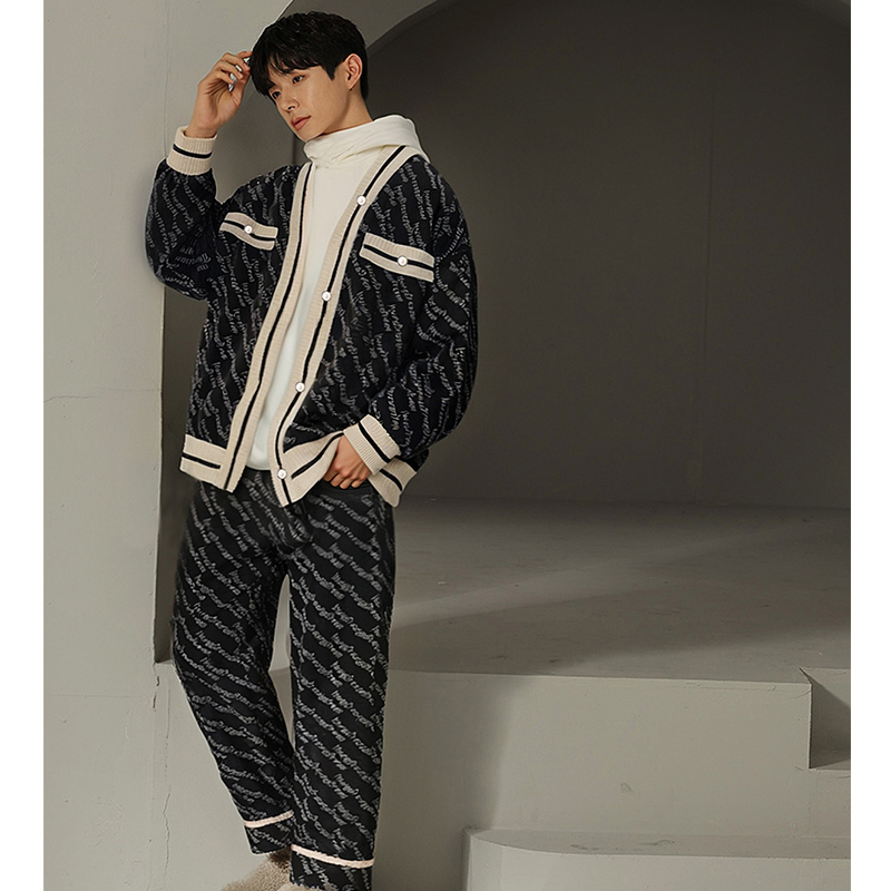 超厚夹棉睡衣男士珊瑚绒秋冬新款