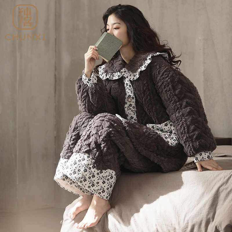 睡衣女冬季珊瑚绒保暖三层夹棉