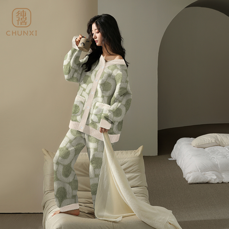 珊瑚绒睡衣女冬季半边绒软绵绵可外穿家居服珊瑚绒休闲加厚绒套装