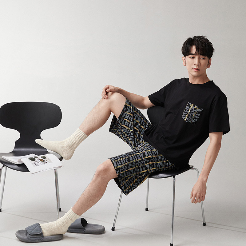 纯禧高级感睡衣男士夏季纯棉短袖圆领青年套装大码凉爽棉家居服春