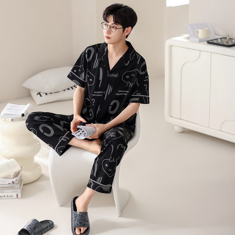 男士睡衣春秋纯棉透气短袖长裤卡通家居服休闲开衫可外穿夏季套装