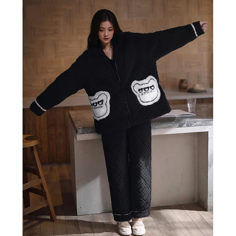 睡衣女冬款珊瑚绒三层加厚绒夹棉加绒拉链保暖家居服学生卡通套装