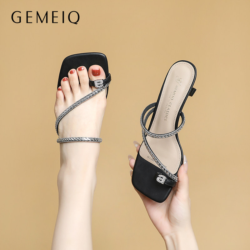 戈美其凉拖鞋女外穿夏季上新露趾细跟水钻高跟鞋百搭休闲一字拖鞋