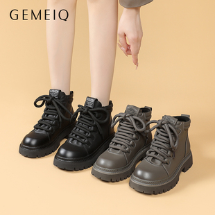 戈美其厚底休闲马丁靴女款新款秋冬高跟短靴女瘦瘦靴黑色靴子短靴