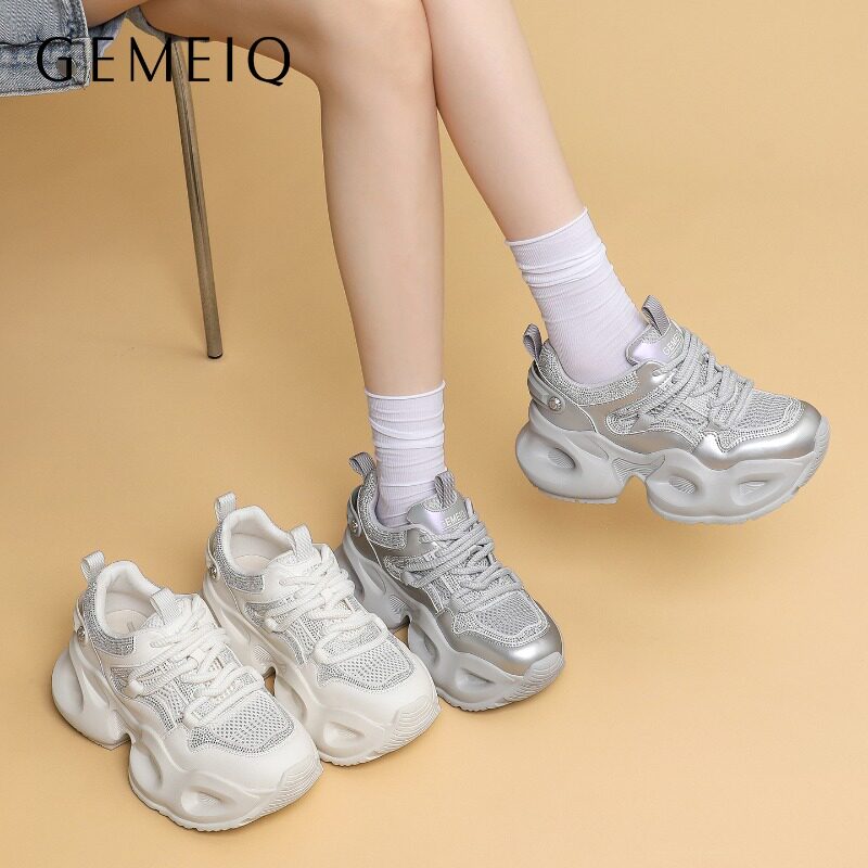 戈美其厚底老爹鞋女2026春季新款小个银色百搭增高配阔腿裤运动鞋