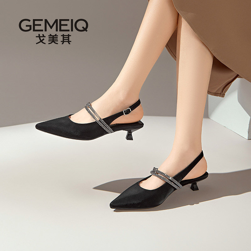 戈美其舒适上新夏季一字带高跟鞋尖头性感水钻绝美气质百搭凉鞋女