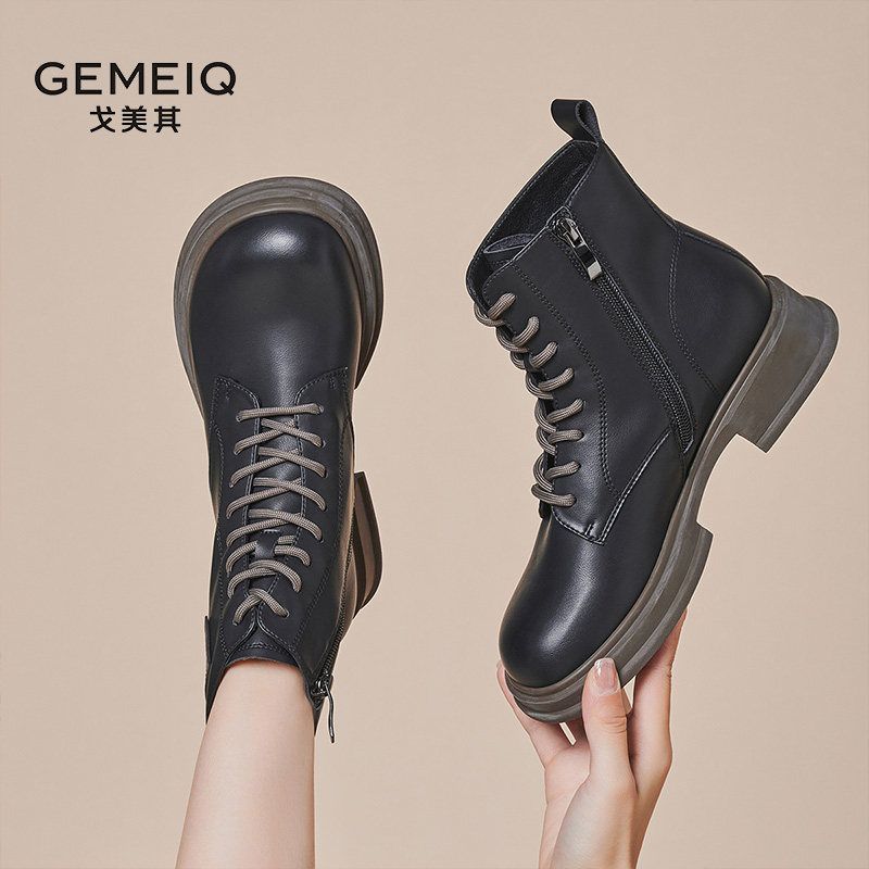 戈美其黑色马丁靴女款秋季薄款旅游穿搭配裙子厚底冬季英伦风短靴