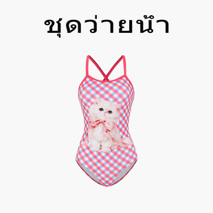 Naga 卡通猫咪格子连体泳衣女甜美可爱风专业竞速高颜值 swim泰式
