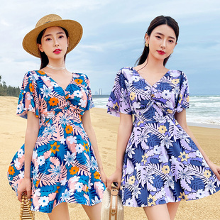 度假泡温泉大胸聚拢遮肚保守泳装 泳衣女大码 夏季 连体裙式 2023新款