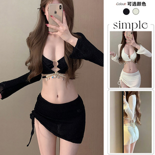 分体泳衣女高级感链条纯欲风性感比基尼四件套长袖防晒度假游泳衣