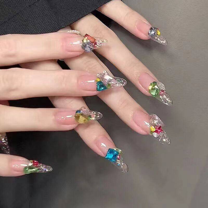 穿戴夏日糖果汽水高级长杏仁指美甲贴片假指甲纯手工小红书可拆卸