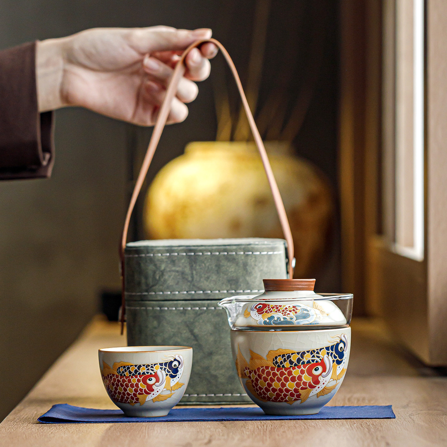 汝窑便携式旅行茶具套装随身玻璃快客两杯手抓陶瓷泡茶器露营出差
