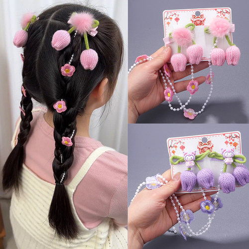 儿童针织花朵珍珠链条发带古风编发流苏库洛米发夹卡通小女孩发饰