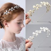 轻奢公主风合金镶钻树叶发箍儿童生日派对气质发卡节日表演头饰女