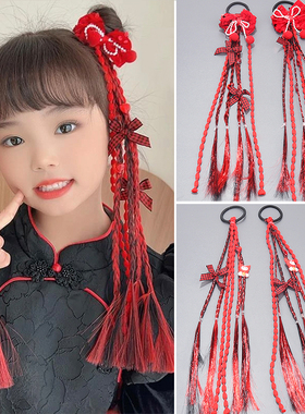 新年儿童红色蝴蝶结假发辫公主编发弹力麻花拳击辫不伤发头绳过年