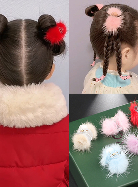 新款秋冬毛球发夹编发水貂毛抓夹小号女童扎辫子发卡新年红色头饰