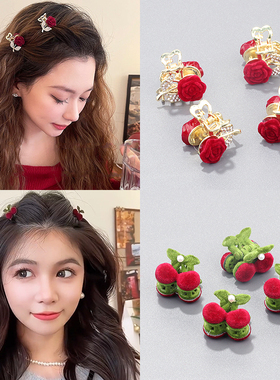 红色植绒小抓夹公主侧边刘海碎发卡子发夹新年喜庆玫瑰花樱桃发饰