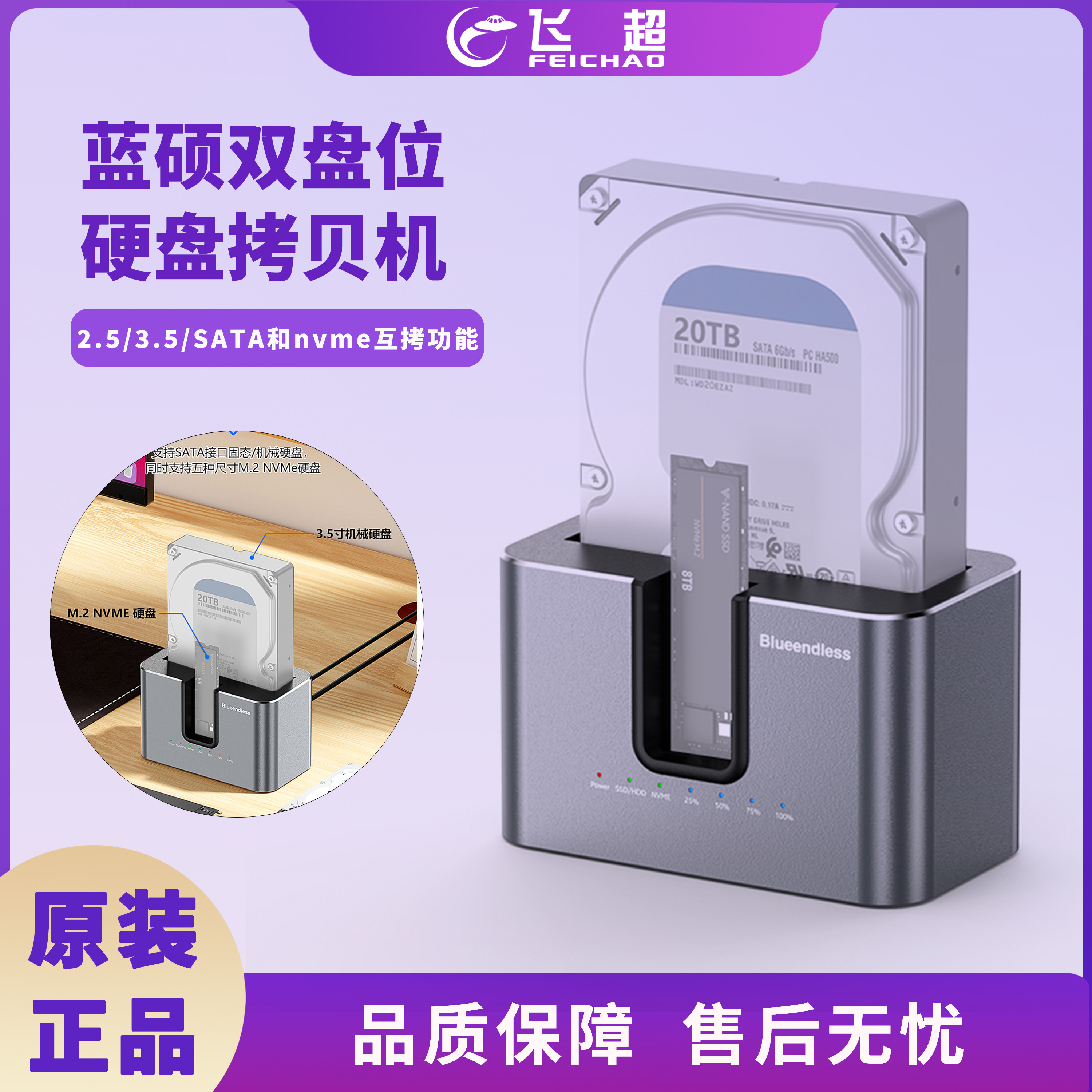 蓝硕双盘位2.5/3.5寸硬盘底座nvme固态硬盘盒m2 ssd读取器拷贝机