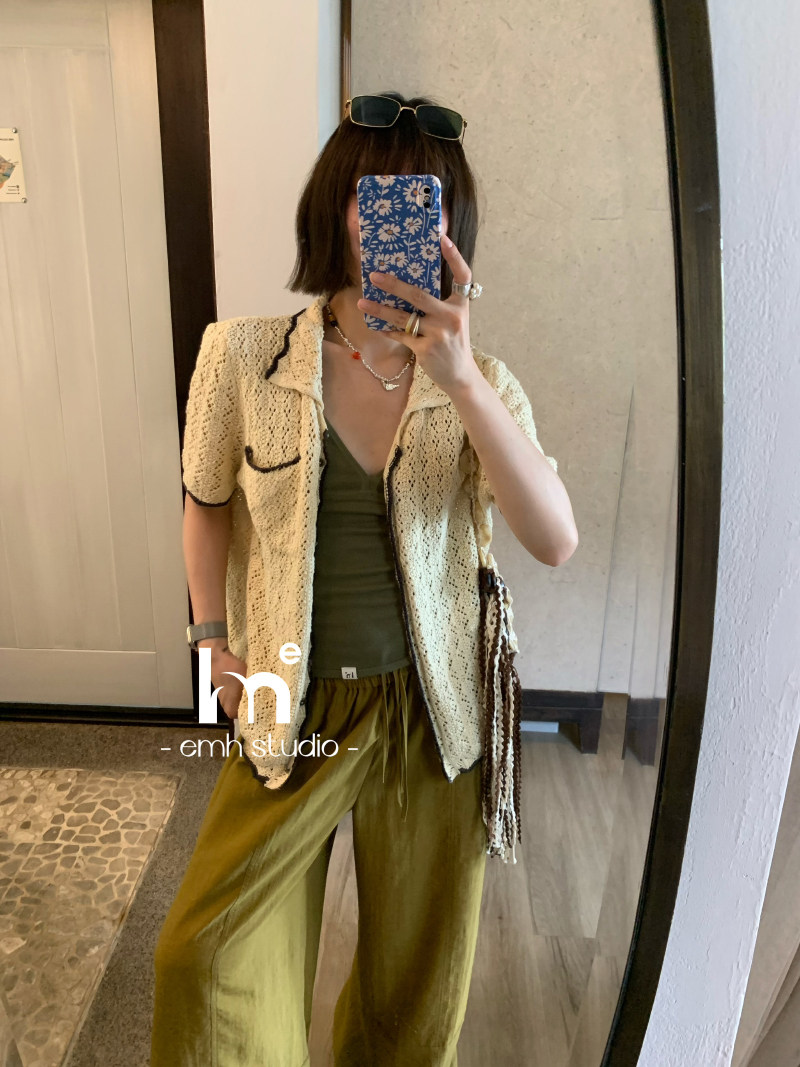 EMH ISLAND HOLIDAYS VINTAGE THREE-DIMENSIONAL CROCHET CUT-OUT WEAVE CONTRASTING POLO NECK KNITTED CARDIGAN SUN PROTECTION BLOUSE