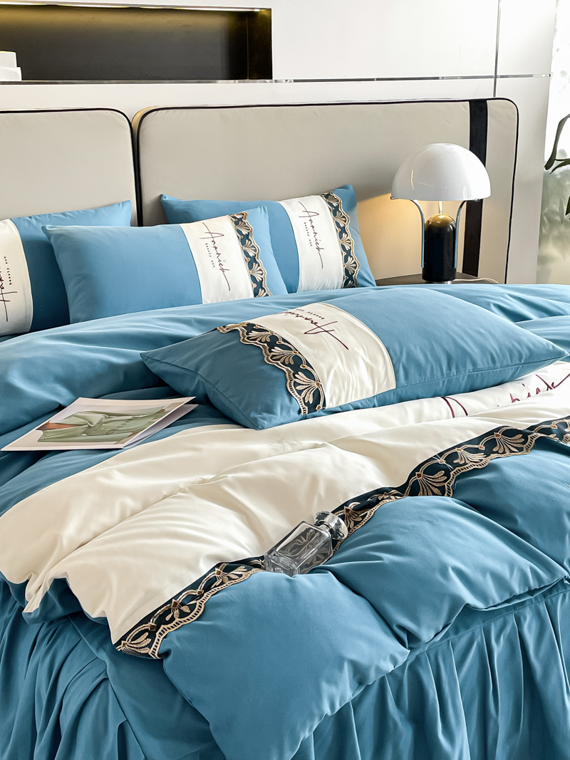 高端蕾丝刺绣贡缎四件套全棉纯棉欧式双拼接被套床单床裙床笠床上