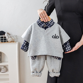 洋气儿童衣服小童帅气宝宝春秋季 2026新款 马甲三件套 套装 男童春装