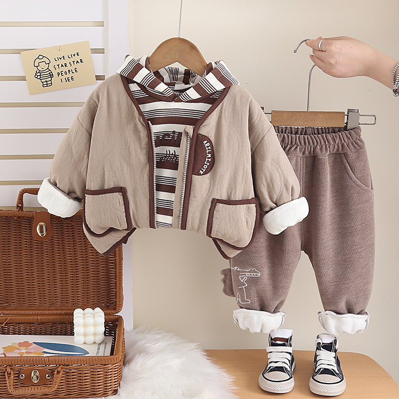 男童秋冬装套装2025新款小童加绒厚卫衣宝宝冬季棉衣三件套时髦潮