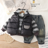 男童秋冬套装 5岁潮 加厚宝宝冬季 加绒连帽马甲三件套小童棉衣1