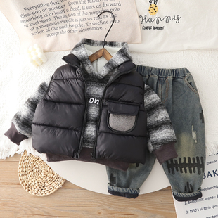 男童秋冬套装加厚宝宝冬季加绒连帽马甲三件套小童棉衣1-3-5岁潮