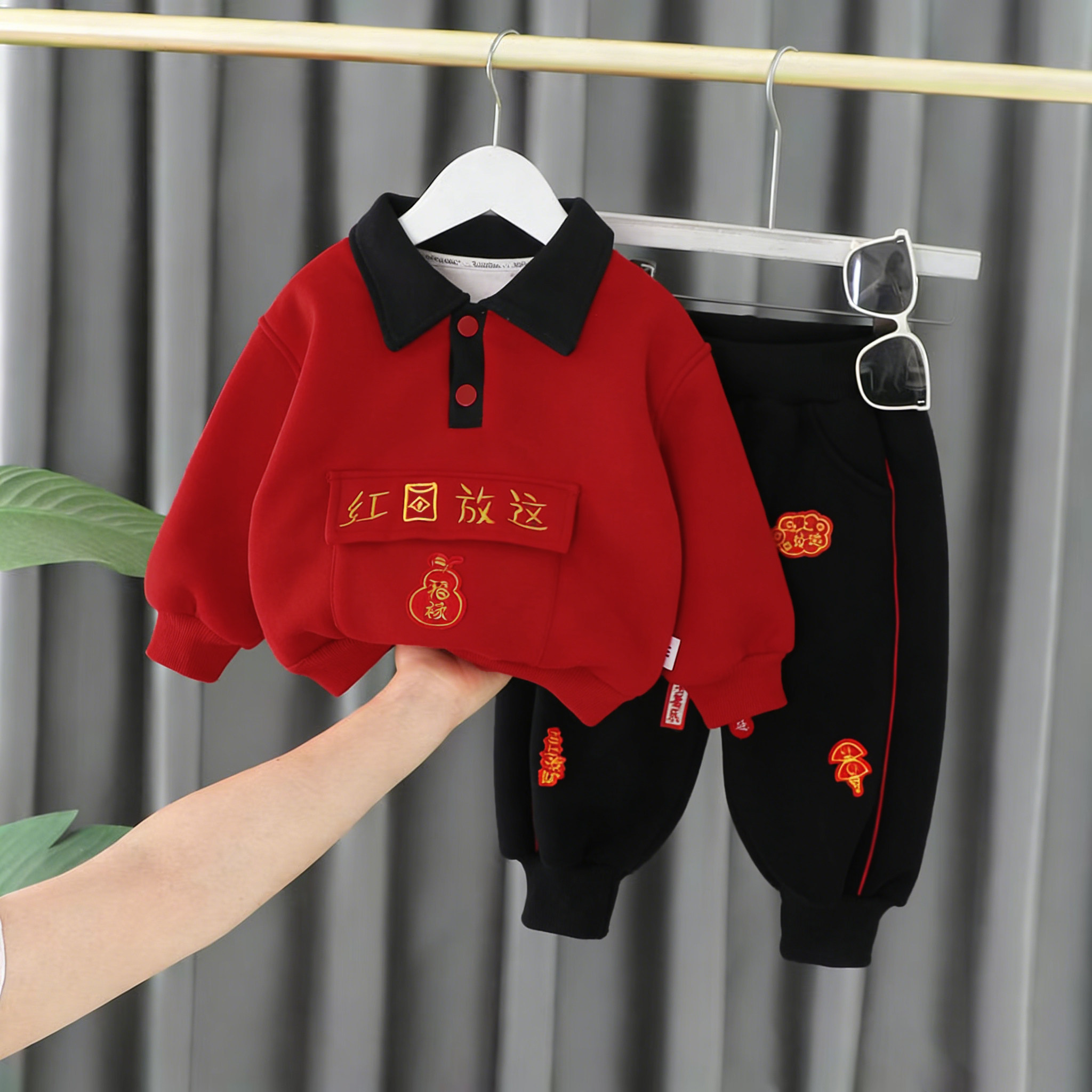 男童拜年服加绒套装冬季红色卫衣两件套儿童宝宝喜庆过年红包放这,童装/婴儿装/亲子装,唐装,淘宝优惠券,粉丝福利购,淘宝优惠卷