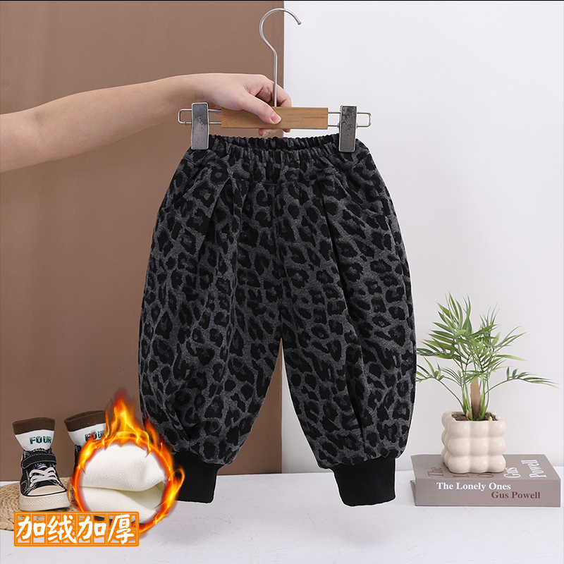 男童豹纹加绒加厚休闲裤女童冬季外穿保暖宝宝棉裤松紧腰束脚裤潮
