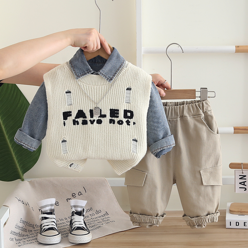 男童牛仔衬衫三件套小童毛衣马甲