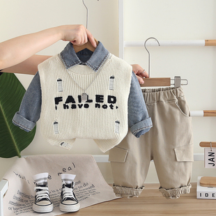 男童秋装套装2025新款宝宝秋季牛仔衬衫三件套小童毛衣马甲1-3岁
