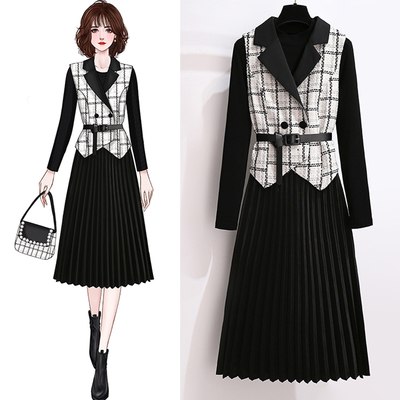 潮萱长袖中年妈妈格子马甲两件套