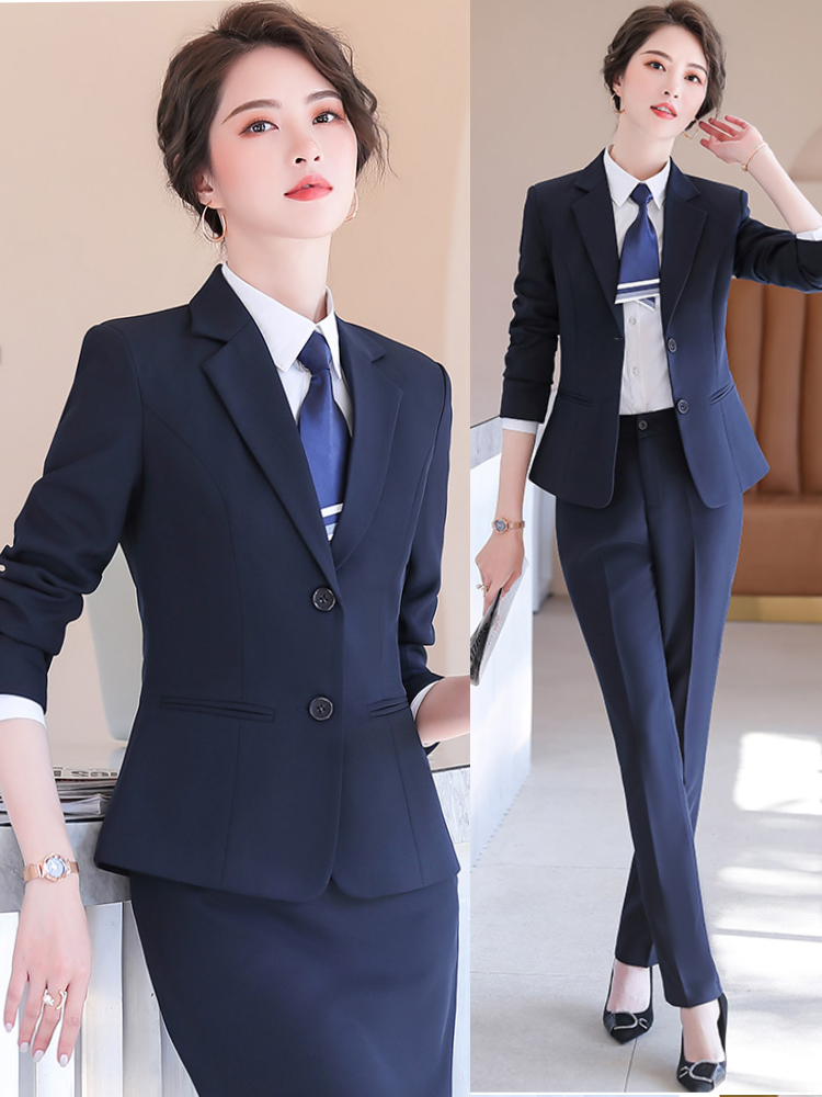藏蓝色西装套装女秋季小个子面试正装西服外套酒店工作服职业气质