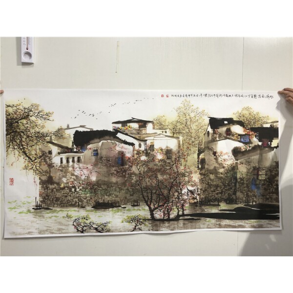 现代中式画客厅沙发背景墙装饰画古朴乡村国画微喷复制江南景色图