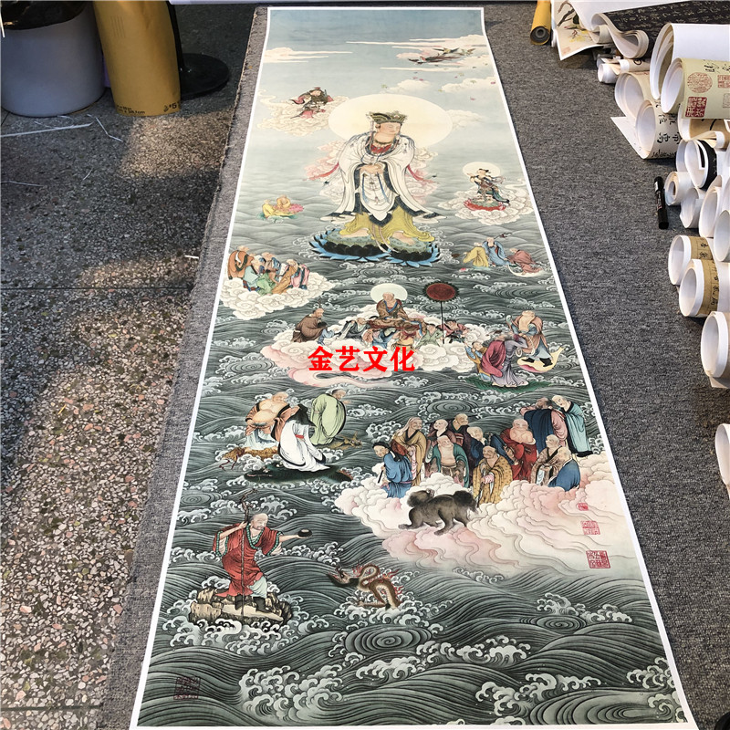 夏荆山 观世音出巡图 佛像人物画国画竖幅挂轴微喷复制装饰画临摹