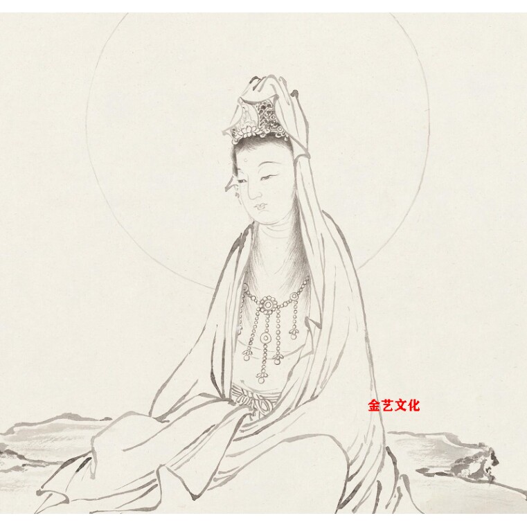 夏荆山白描座像观音图工笔人物真迹佛像装饰画微喷复制临摹画稿