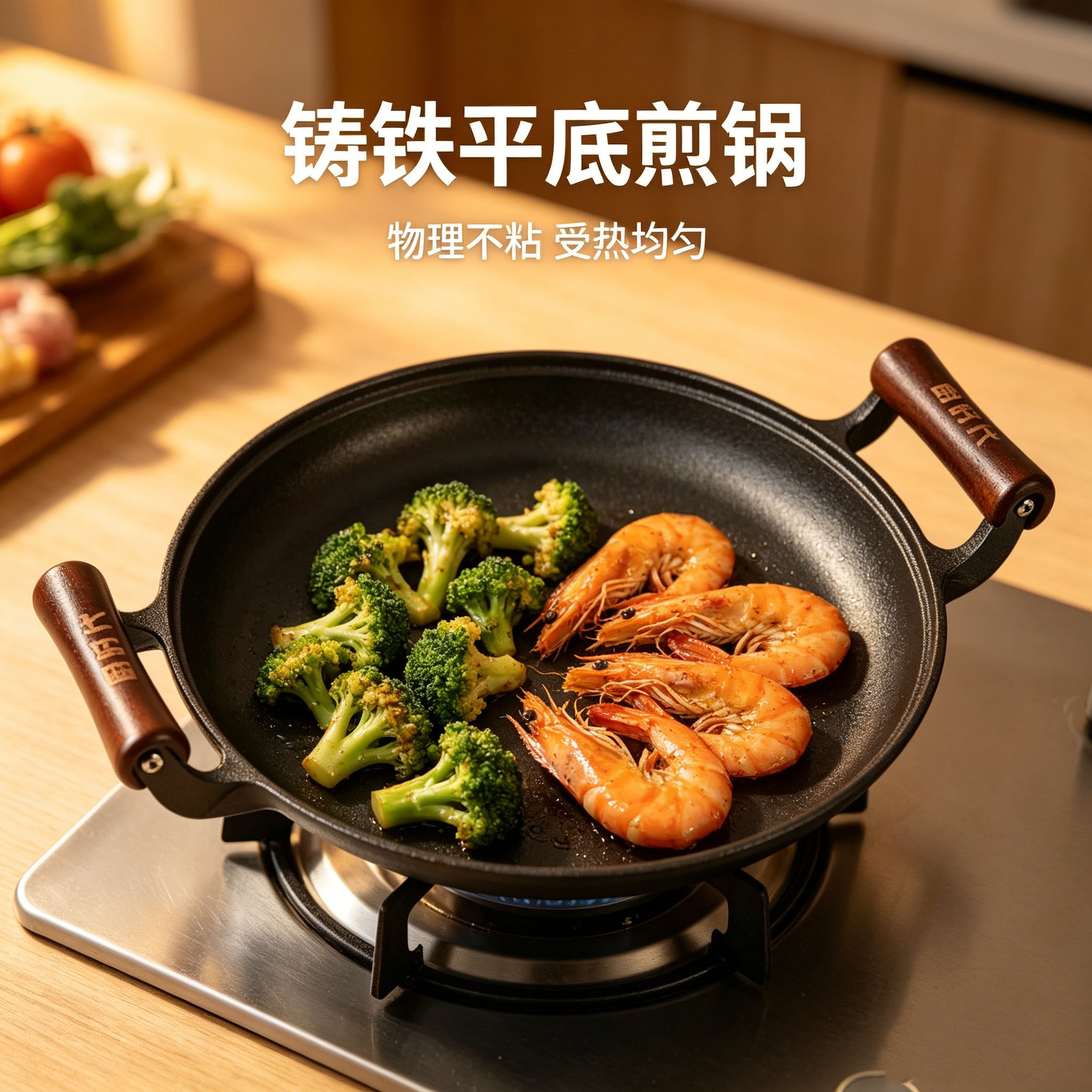 厨时代铸铁双耳木柄平底锅无涂层不粘锅家用鏊子煎包烙饼专用锅