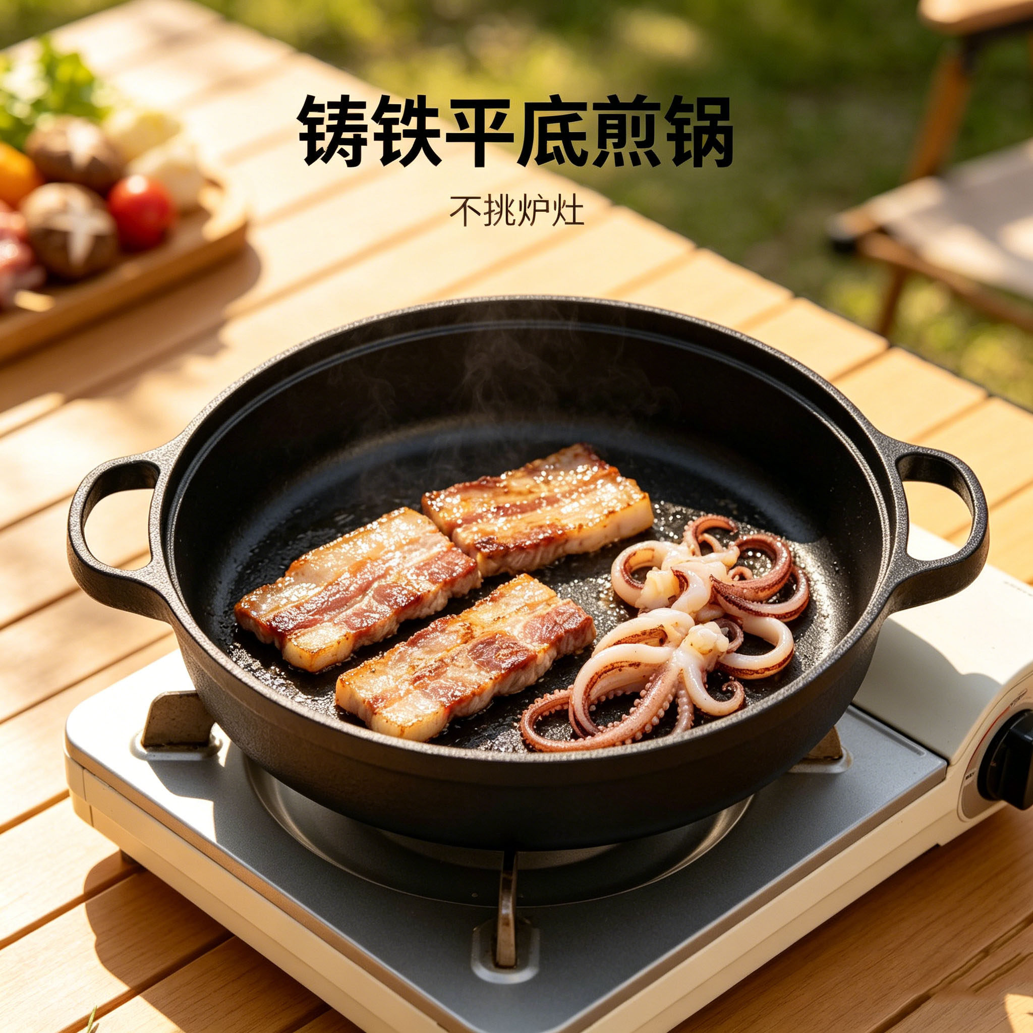 铸铁双耳平底锅无涂层不粘锅家用煎炒锅煎包烙饼专用锅涮锅