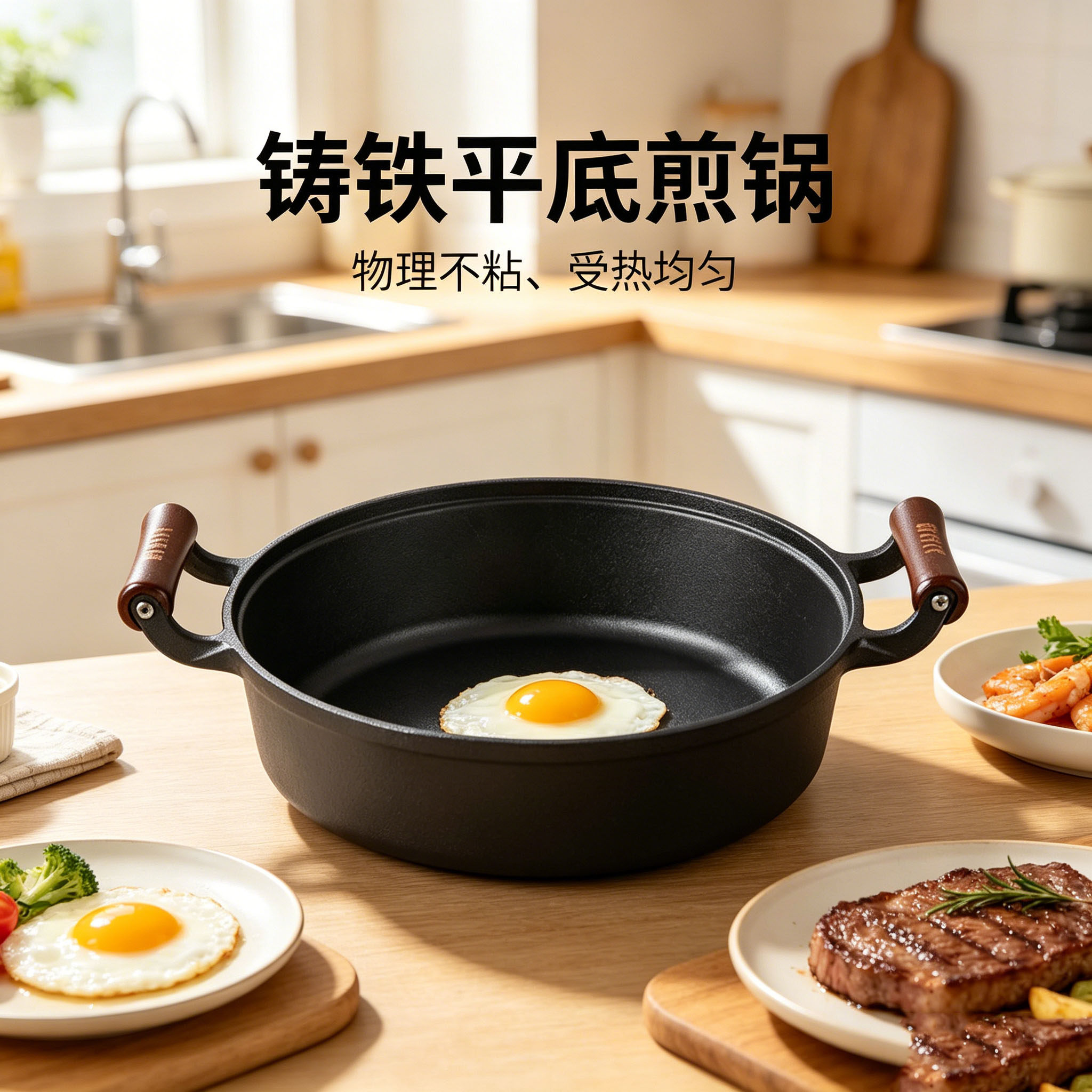 木柄双耳铸铁平底锅煎锅无涂层不粘烙饼锅水煎包生铁锅电磁炉通用