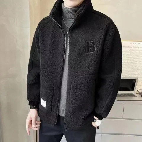 男式羊羔绒外套加绒加厚灰色毛领立领男生冬季男男款冬天棉服干活
