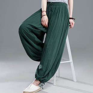女夏季 阔腿长裤 宽松大码 薄款 束脚绑带褶皱休闲裤 布琳达棉绸灯笼裤