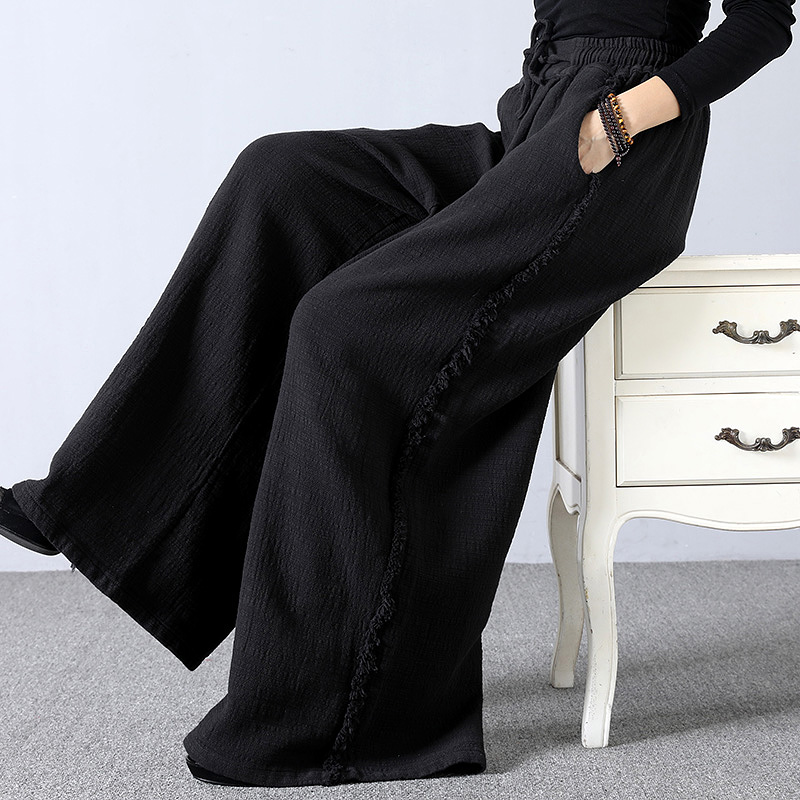 布琳达高个子女裤秋冬棉麻阔腿裤女宽松高腰加厚款休闲拖地毛边裤