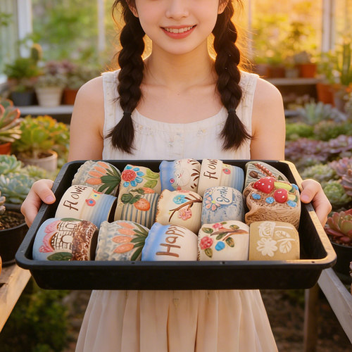 多肉陶瓷盆小号植物盆手绘卡通花盆新手种植用绿植容器透气花盆