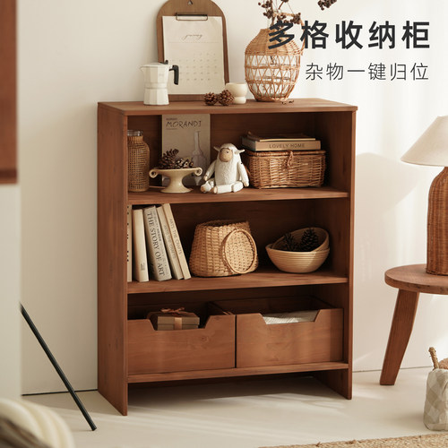 复古全实木双抽收纳边柜原木风