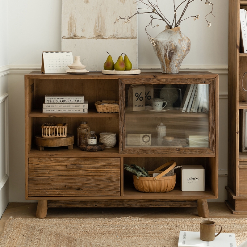 美式侘寂风实木餐边柜老榆木柜子