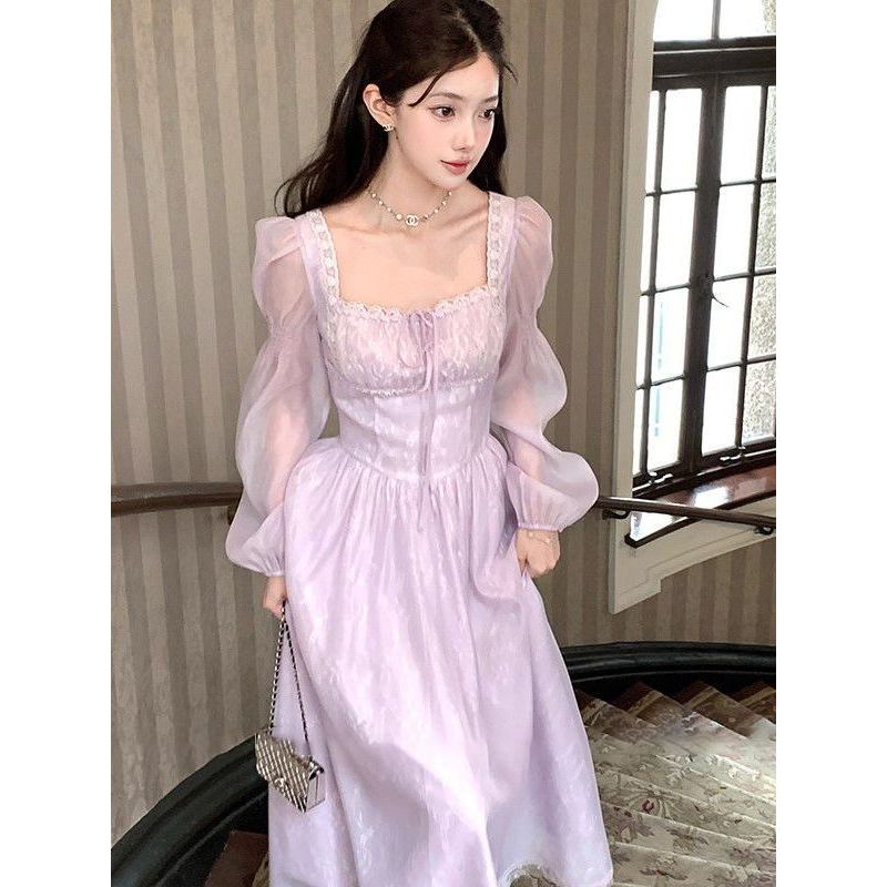 法式气质蕾丝系带紫色方领连衣裙女2025秋季新款收腰显瘦温柔长裙