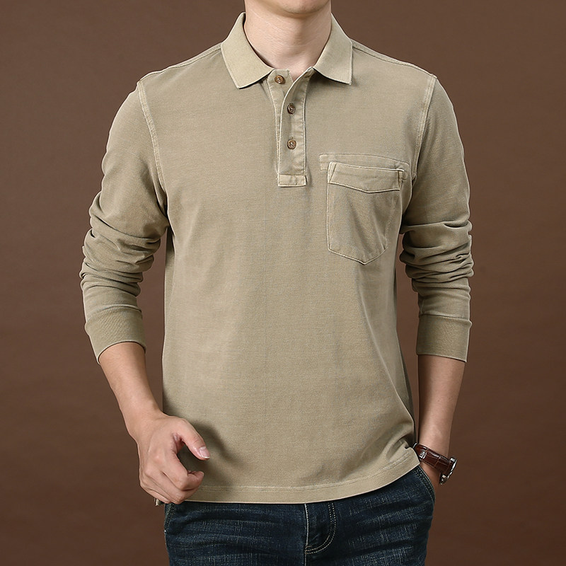 春秋季水洗纯棉纯色宽松翻领长袖T恤男士秋装上衣休闲POLO衫男潮