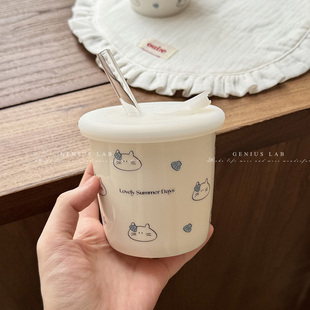 贝壳小猫咖啡杯可密封陶瓷杯家用杯子吸管杯外带可爱学生牛奶杯